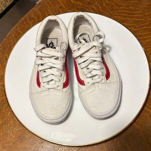 Vans Leather Unisex red and white kicks- Women’s 5.5 Men’s 4.0